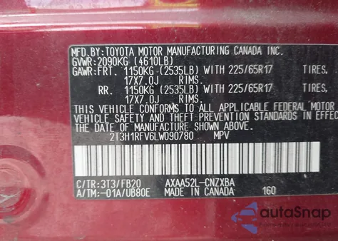 2020 Toyota Rav4 Le z USA, uszkodzony, nr VIN 2T3H1RFV6LW090780